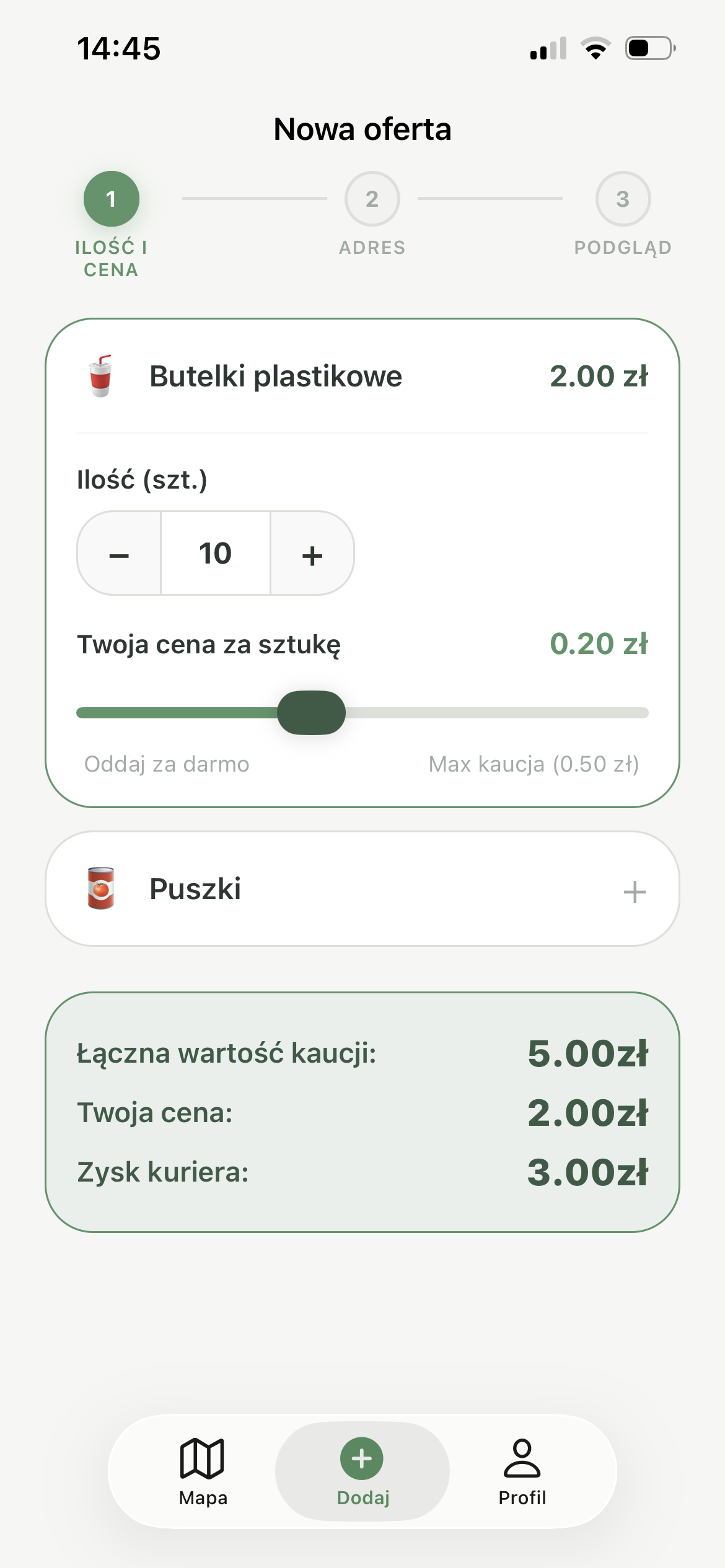 Tworzenie nowej oferty - ekran 1